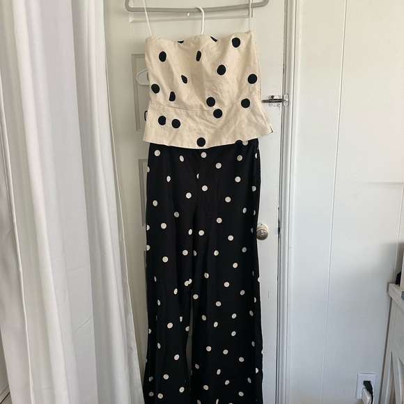 Sezane Pants - Sezane Strapless Polka Dot Jumpsuit in Cream and Black